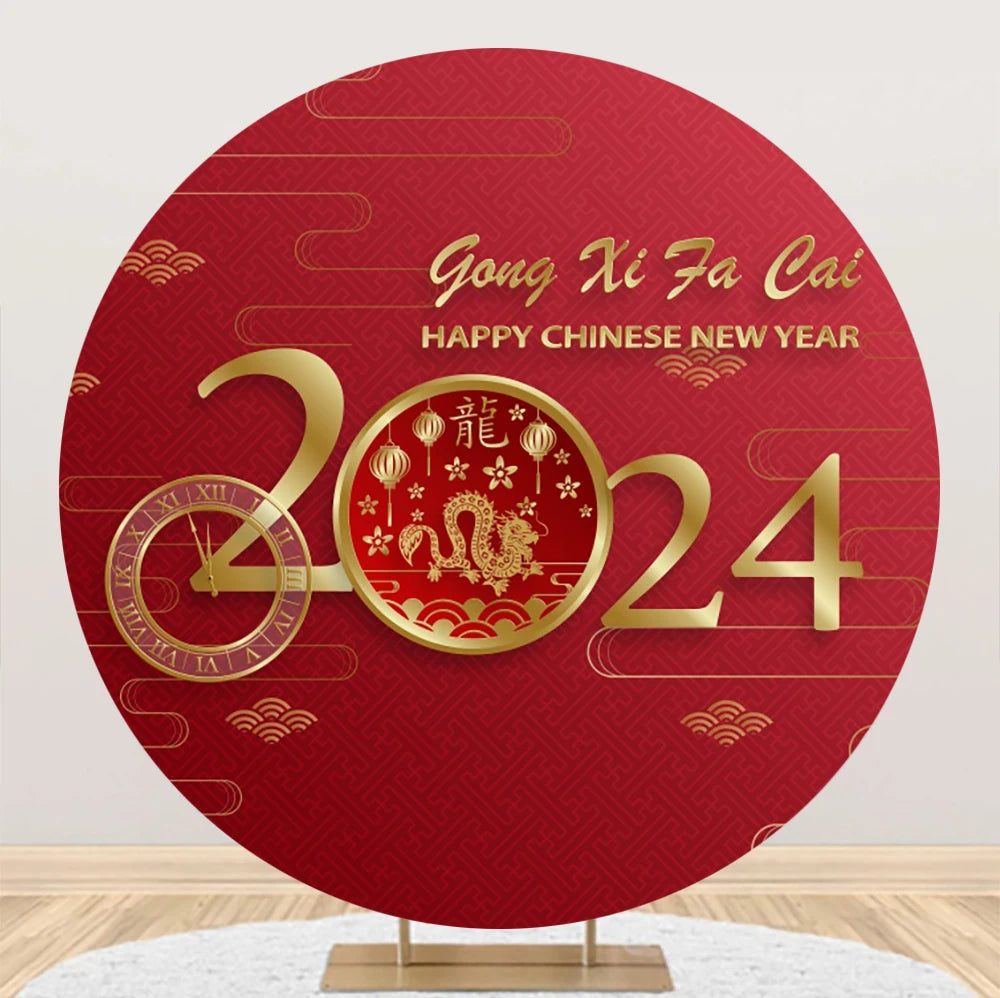 2024 Chinese New Year Round Backdrop Cover Christmas Gold Dragon Spring Festival Family Party Red Circle Photography Background