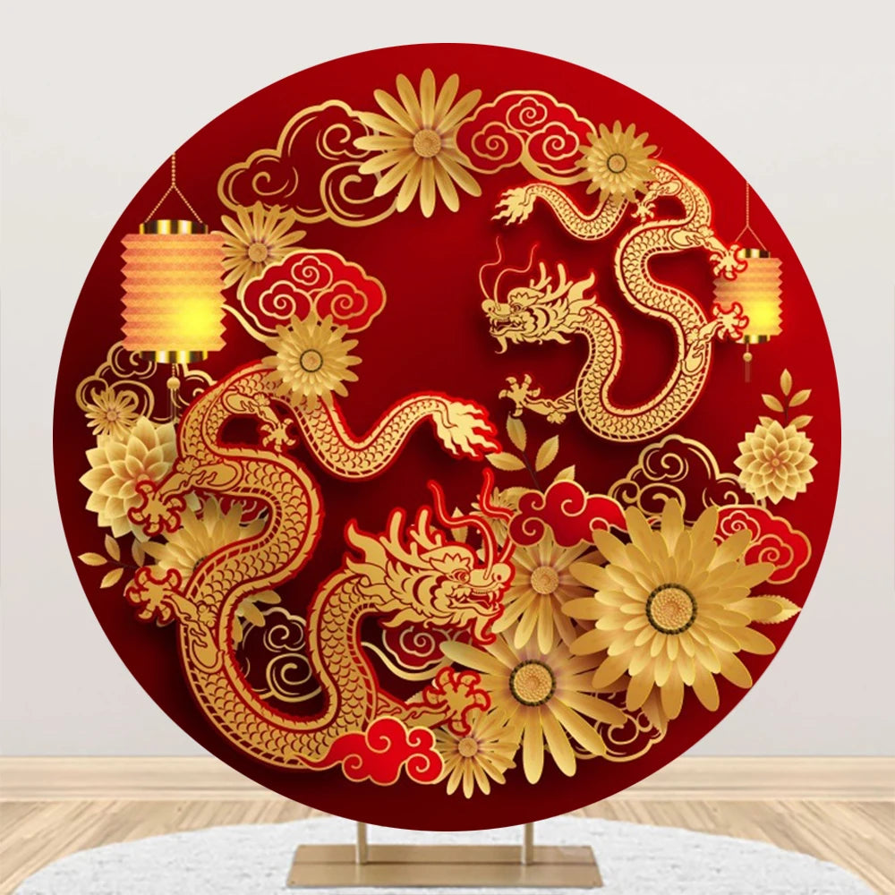 2024 Chinese New Year Round Backdrop Cover Christmas Gold Dragon Spring Festival Family Party Red Circle Photography Background