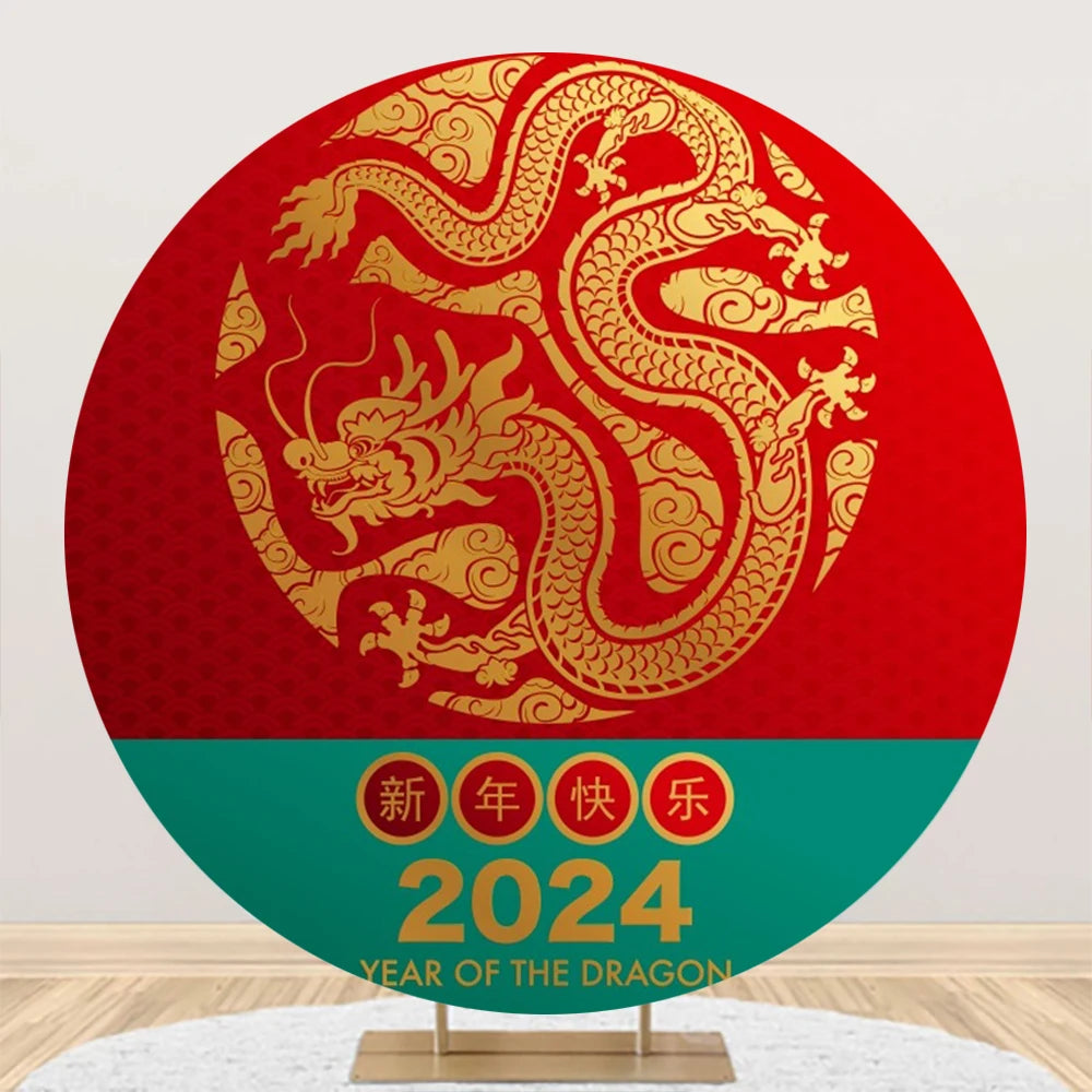 2024 Chinese New Year Round Backdrop Cover Christmas Gold Dragon Spring Festival Family Party Red Circle Photography Background