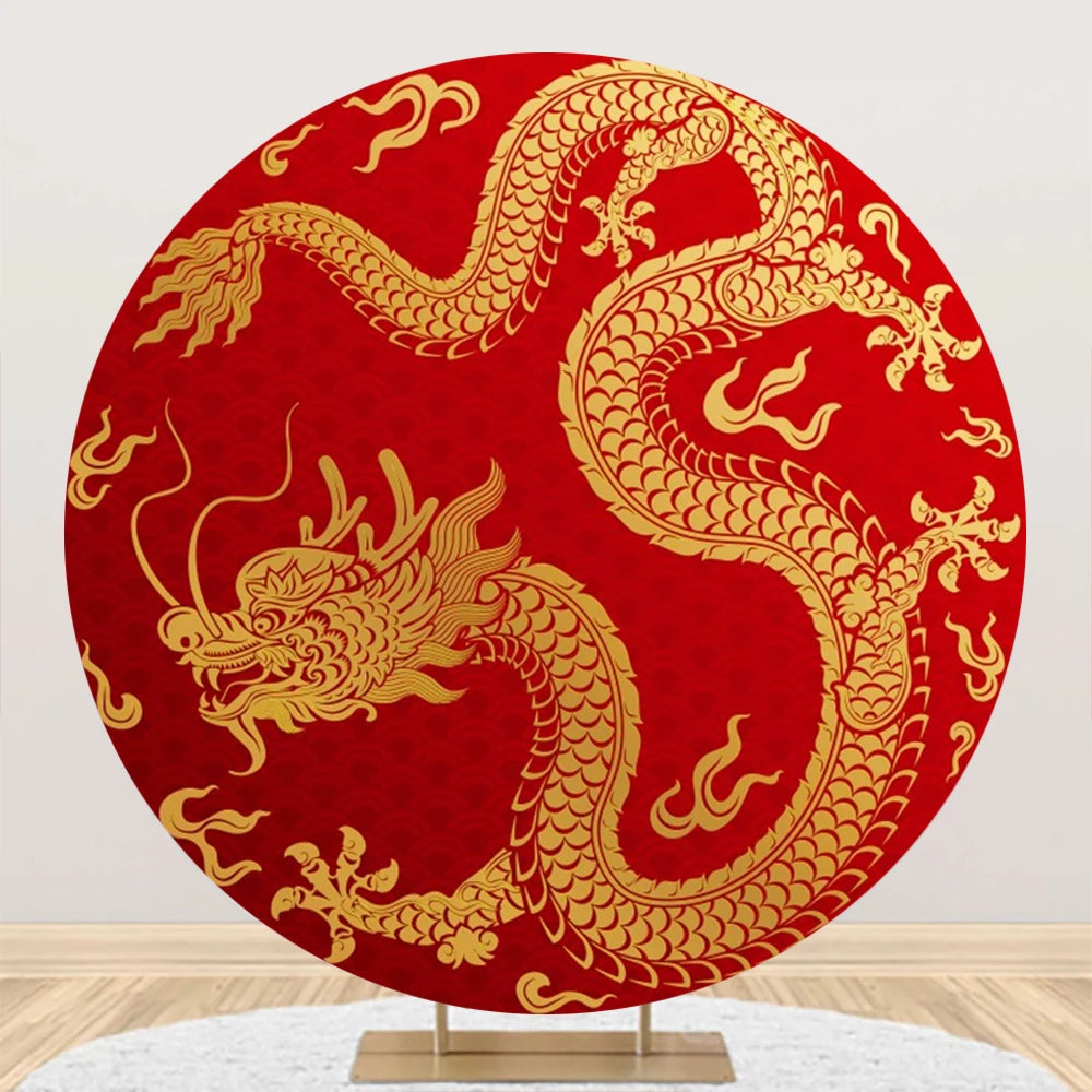 2024 Chinese New Year Round Backdrop Cover Christmas Gold Dragon Spring Festival Family Party Red Circle Photography Background