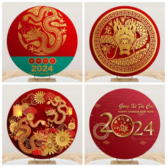 2024 Chinese New Year Round Backdrop Cover Christmas Gold Dragon Spring Festival Family Party Red Circle Photography Background