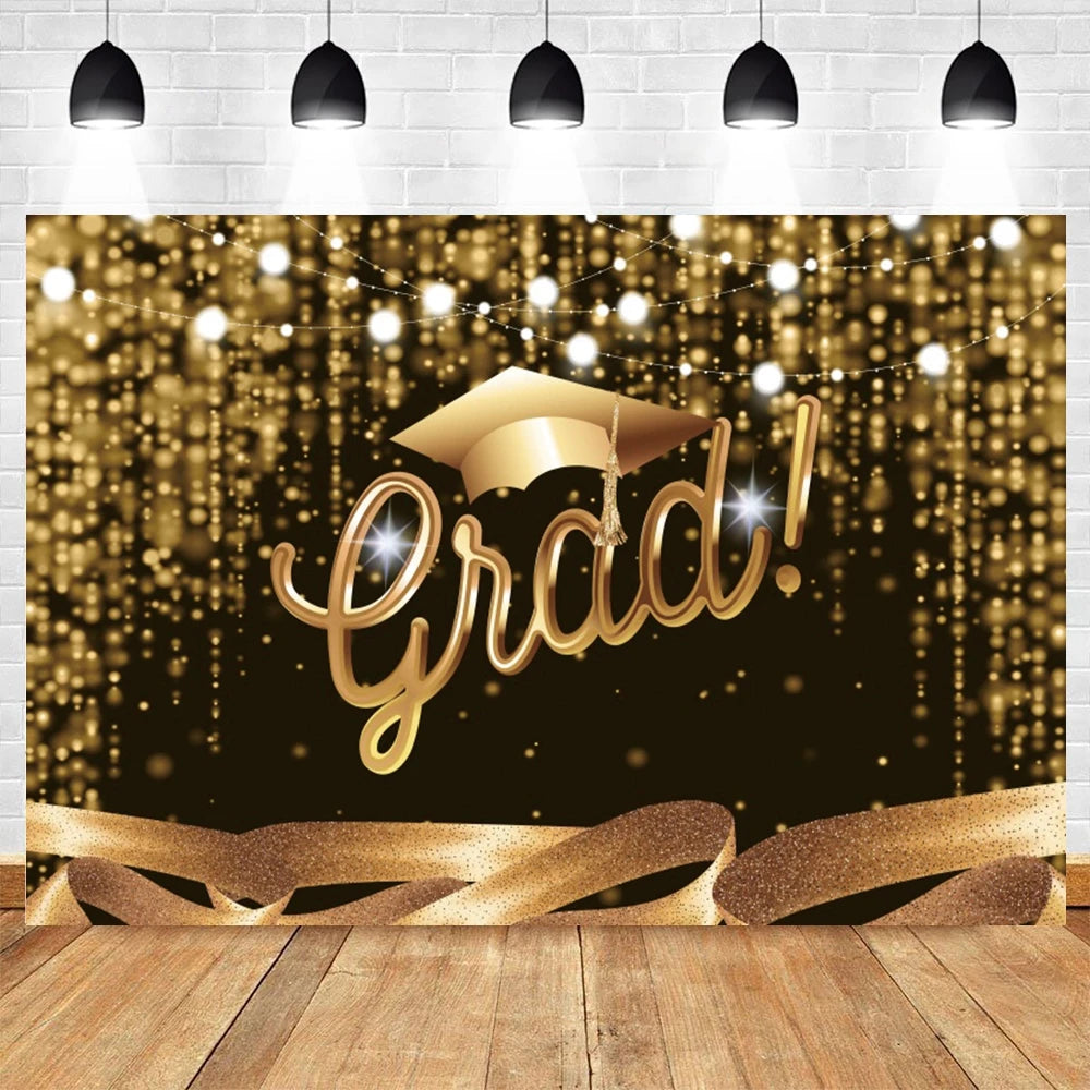 2024 Graduation Backdrop for Photography Gold Glitter Balloon Bachelor Caps Class of 2024 Congrats Grad Party Background Banner