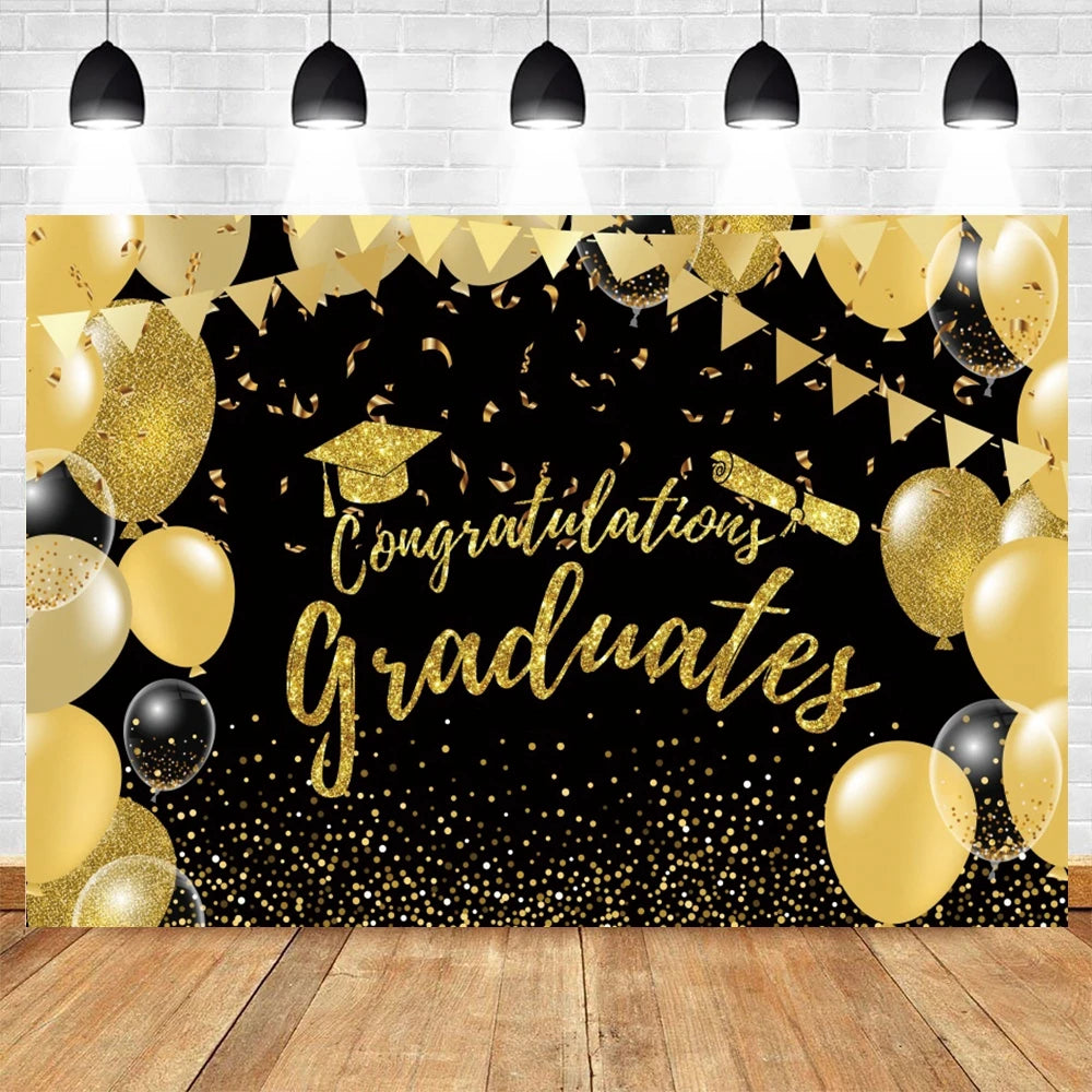 2024 Graduation Backdrop for Photography Gold Glitter Balloon Bachelor Caps Class of 2024 Congrats Grad Party Background Banner