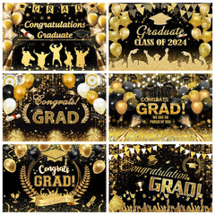 2024 Graduation Backdrop for Photography Gold Glitter Balloon Bachelor Caps Class of 2024 Congrats Grad Party Background Banner