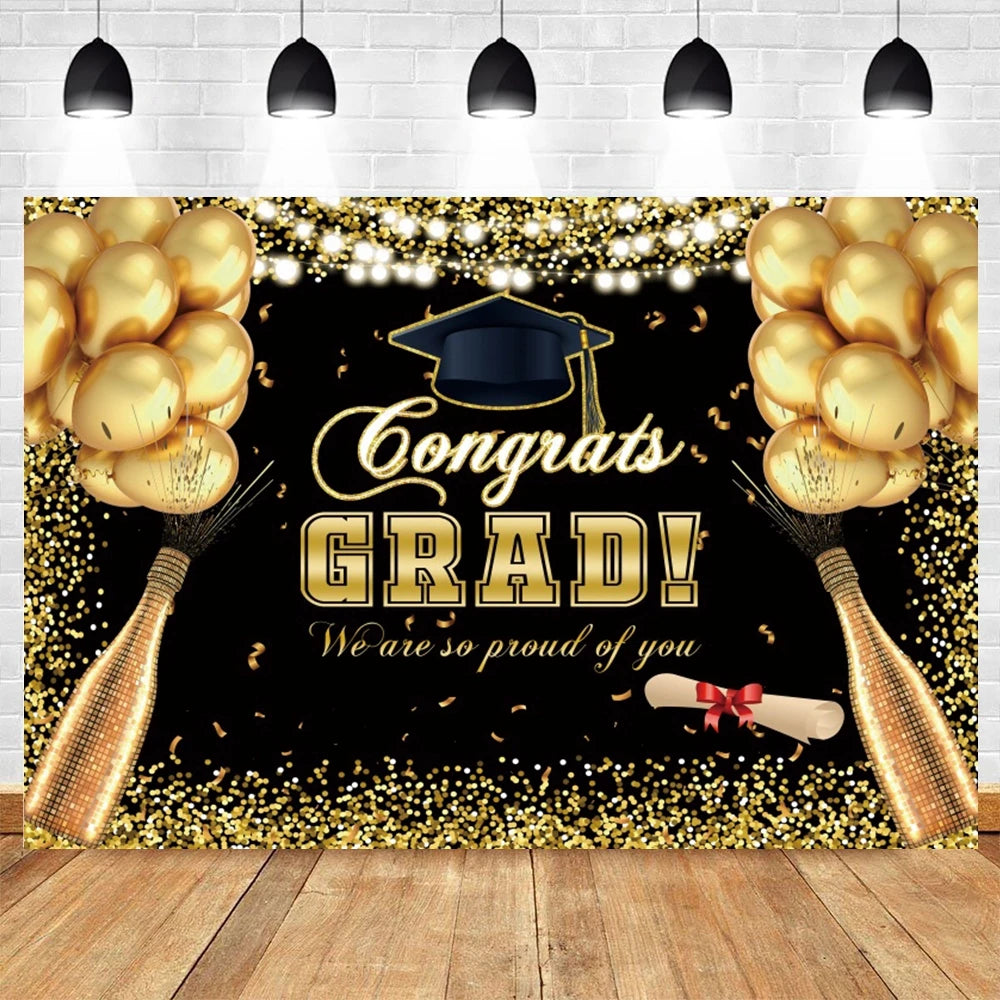 2024 Graduation Backdrop for Photography Gold Glitter Balloon Bachelor Caps Class of 2024 Congrats Grad Party Background Banner