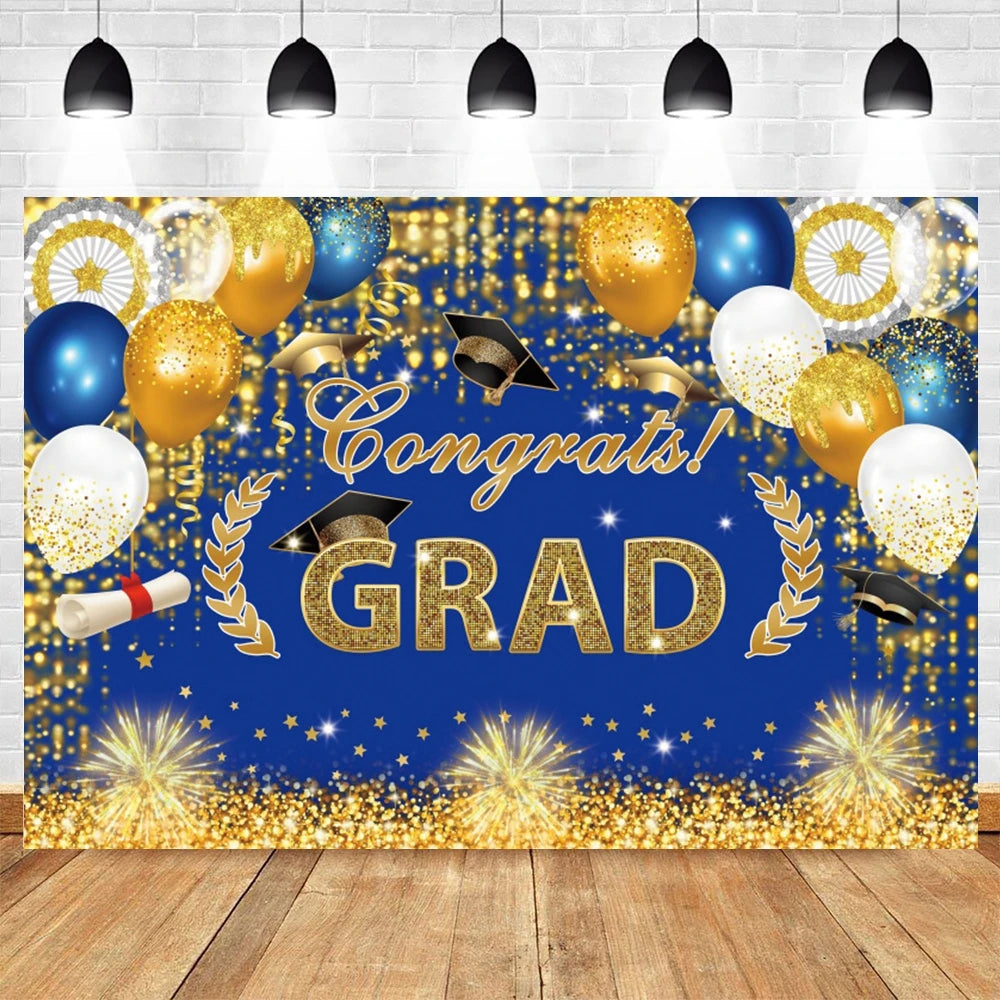 2024 Graduation Backdrop for Photography Gold Glitter Balloon Bachelor Caps Class of 2024 Congrats Grad Party Background Banner