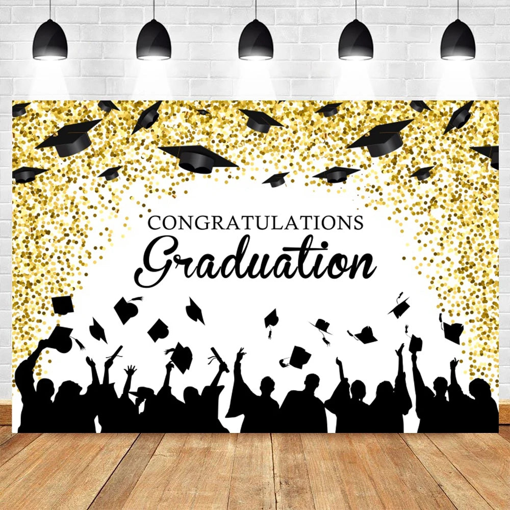 2024 Graduation Backdrop for Photography Gold Glitter Balloon Bachelor Caps Class of 2024 Congrats Grad Party Background Banner