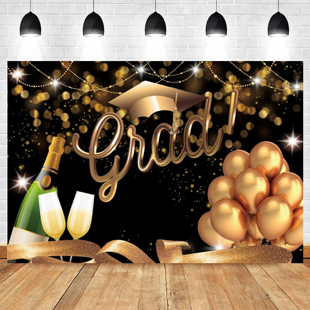 2024 Graduation Backdrop for Photography Gold Glitter Balloon Bachelor Caps Class of 2024 Congrats Grad Party Background Banner