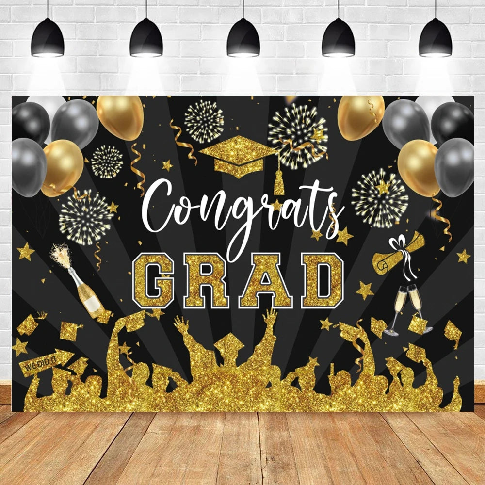 2024 Graduation Backdrop for Photography Gold Glitter Balloon Bachelor Caps Class of 2024 Congrats Grad Party Background Banner