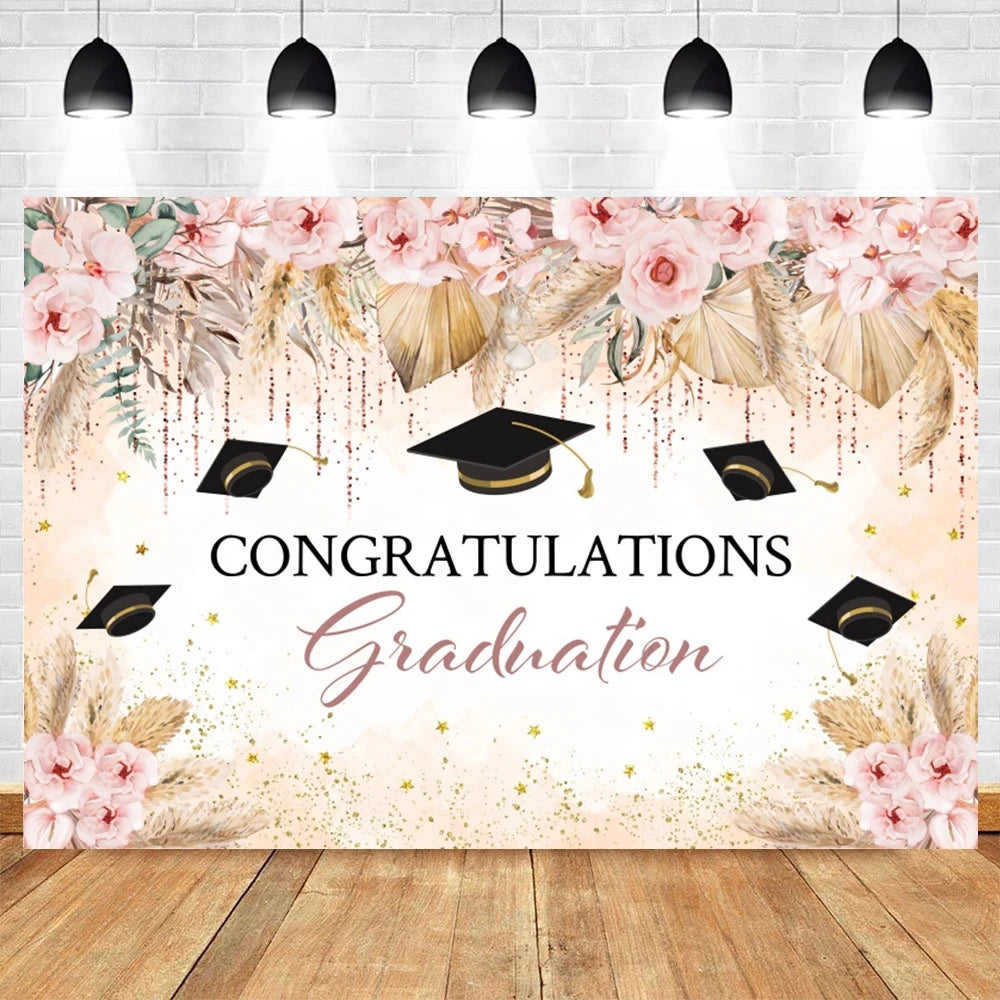 2024 Graduation Backdrop for Photography Gold Glitter Balloon Bachelor Caps Class of 2024 Congrats Grad Party Background Banner