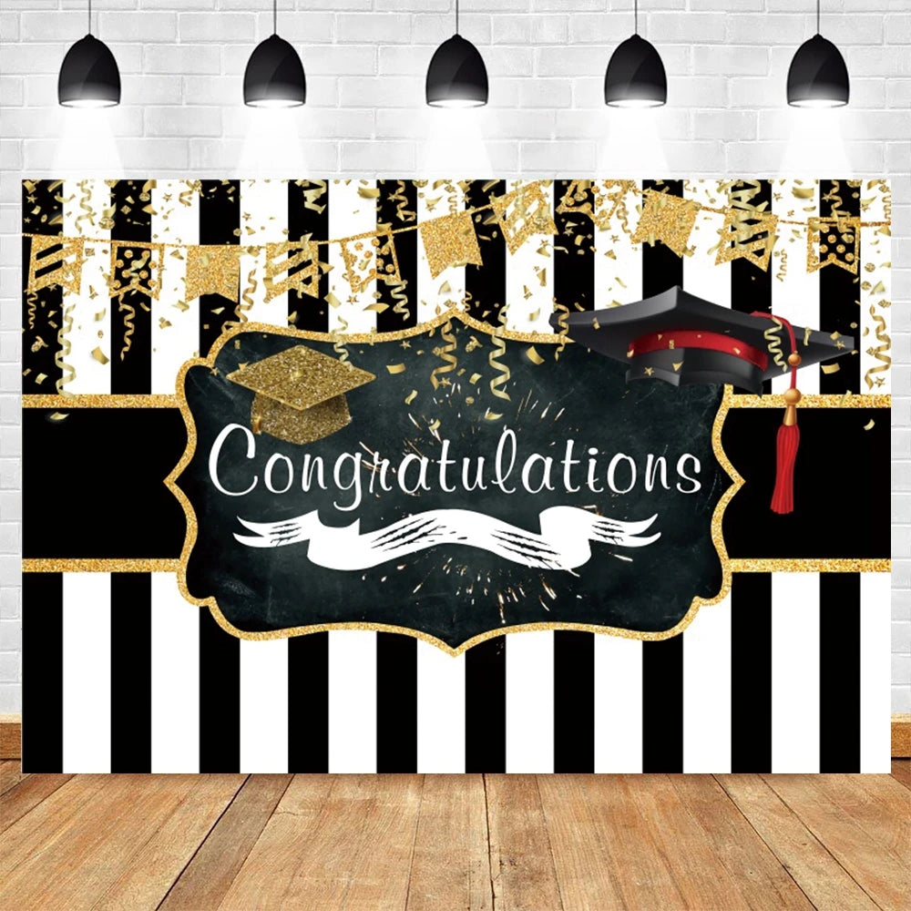 2024 Graduation Backdrop for Photography Gold Glitter Balloon Bachelor Caps Class of 2024 Congrats Grad Party Background Banner