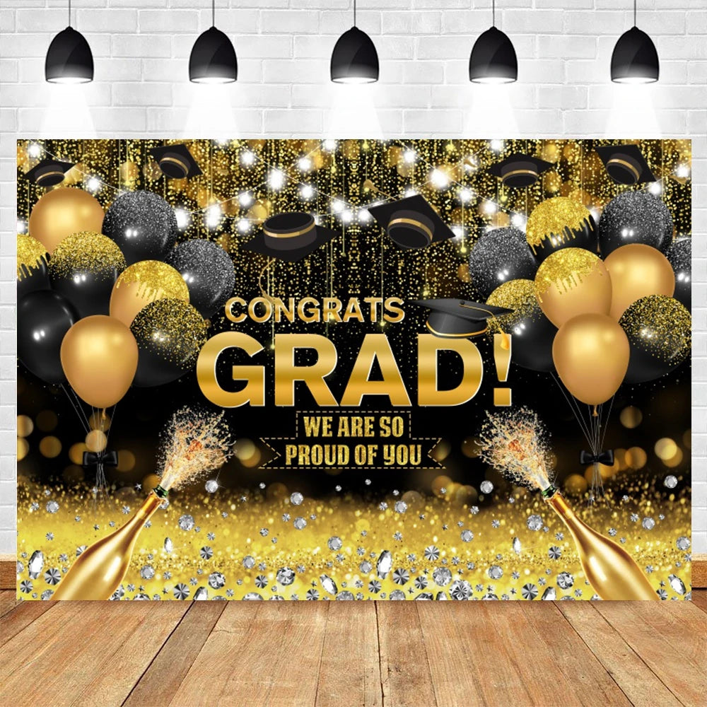 2024 Graduation Backdrop for Photography Gold Glitter Balloon Bachelor Caps Class of 2024 Congrats Grad Party Background Banner