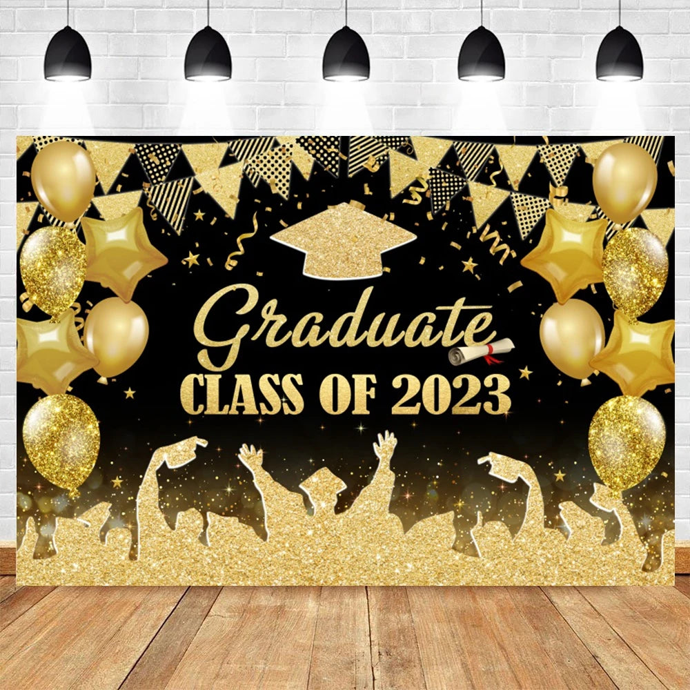 2024 Graduation Backdrop for Photography Gold Glitter Balloon Bachelor Caps Class of 2024 Congrats Grad Party Background Banner