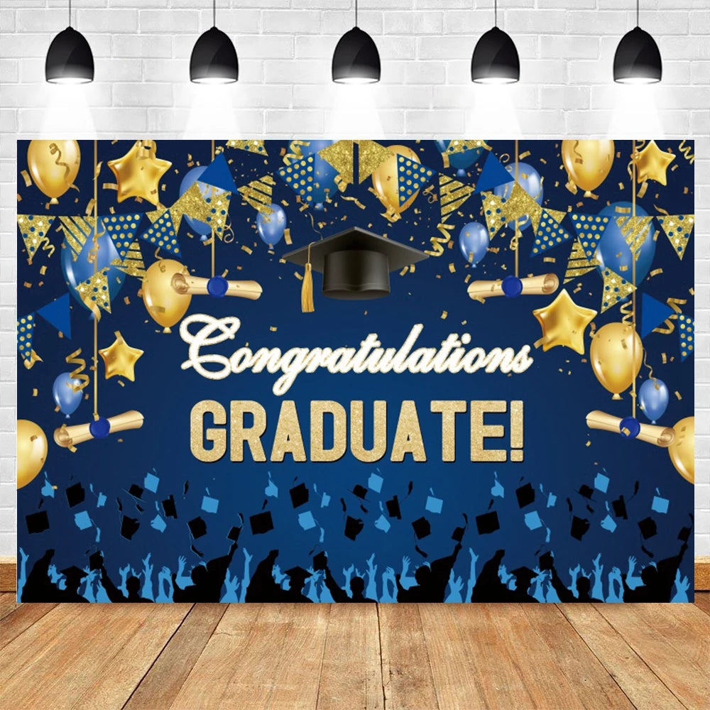 2024 Graduation Backdrop for Photography Gold Glitter Balloon Bachelor Caps Class of 2024 Congrats Grad Party Background Banner