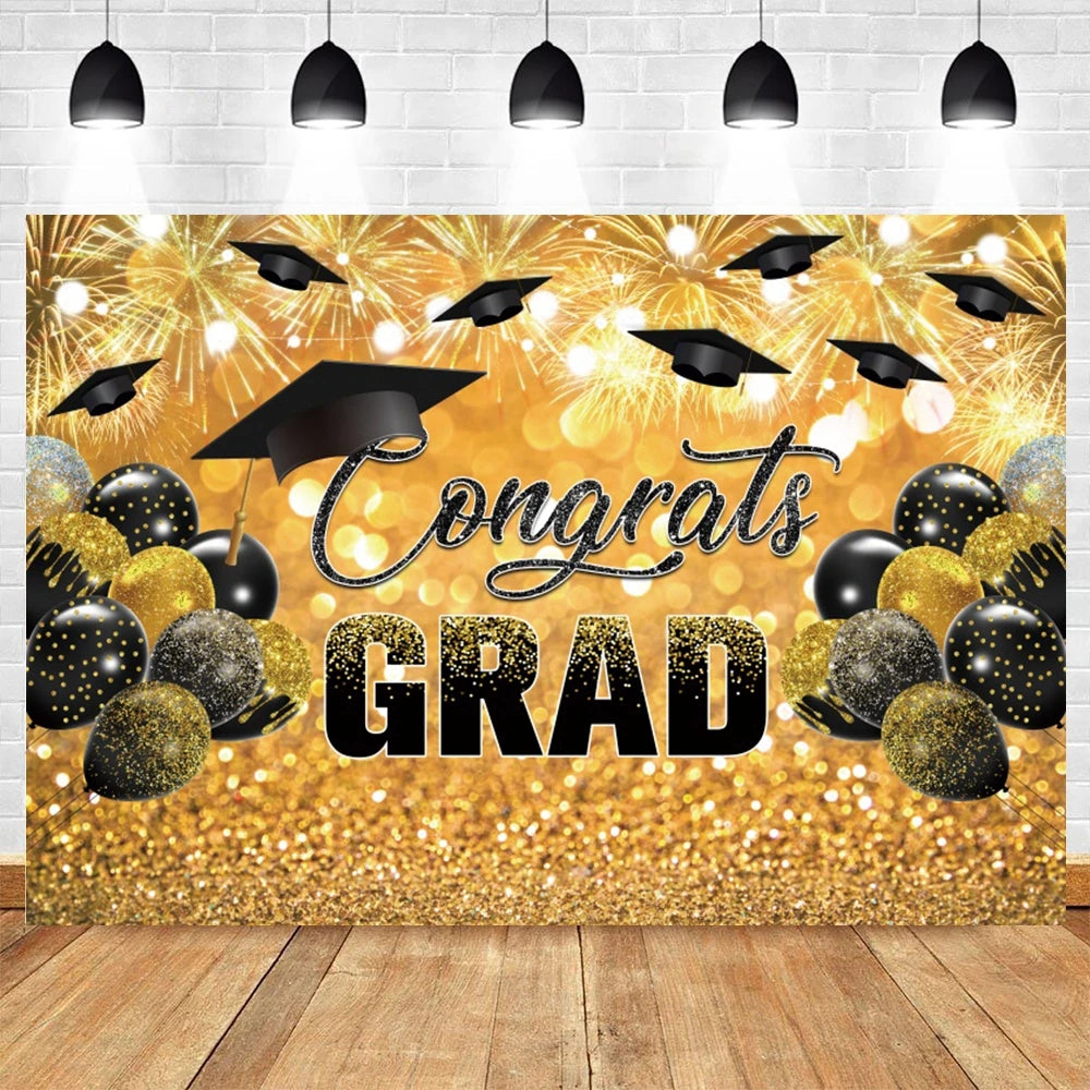 2024 Graduation Backdrop for Photography Gold Glitter Balloon Bachelor Caps Class of 2024 Congrats Grad Party Background Banner