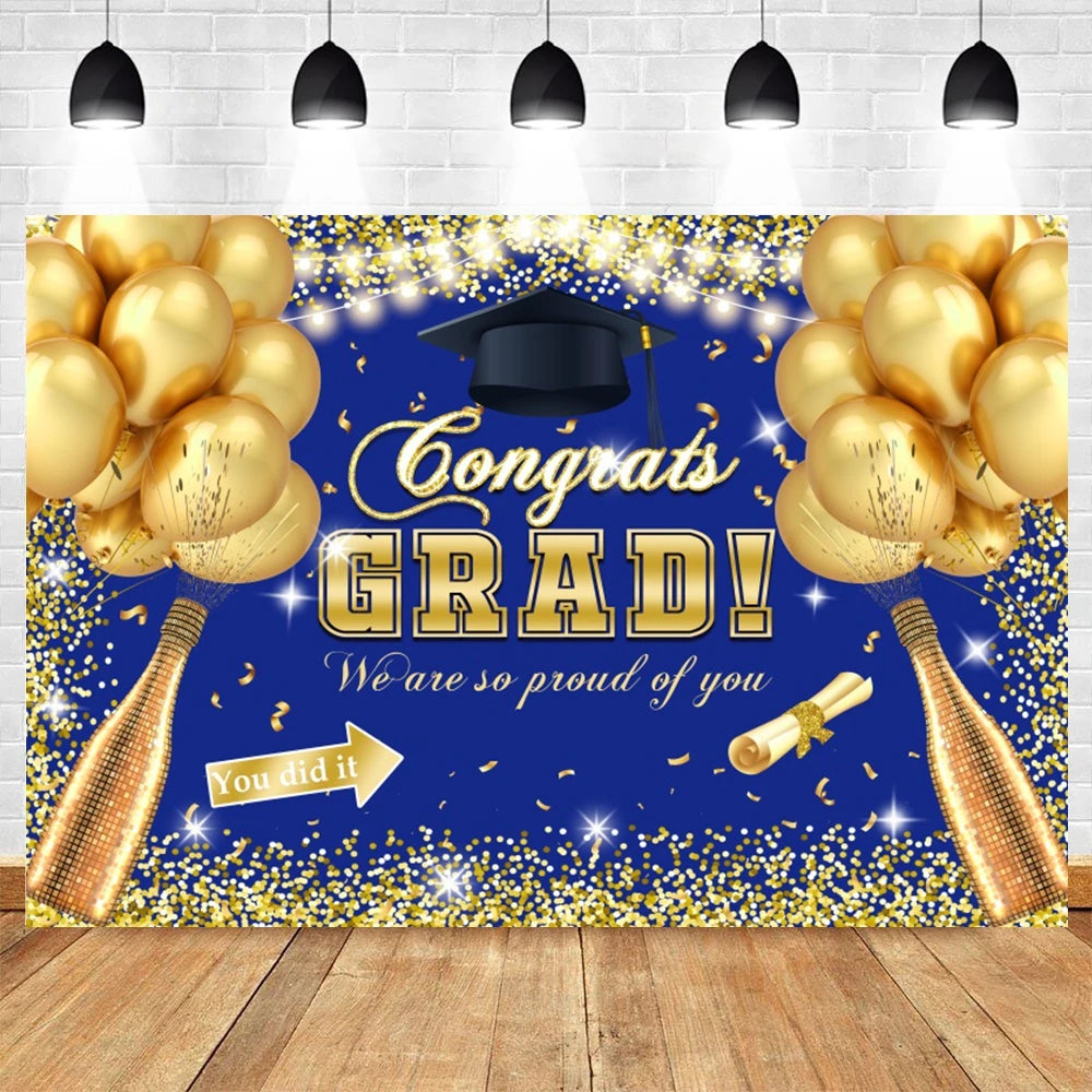 2024 Graduation Backdrop for Photography Gold Glitter Balloon Bachelor Caps Class of 2024 Congrats Grad Party Background Banner