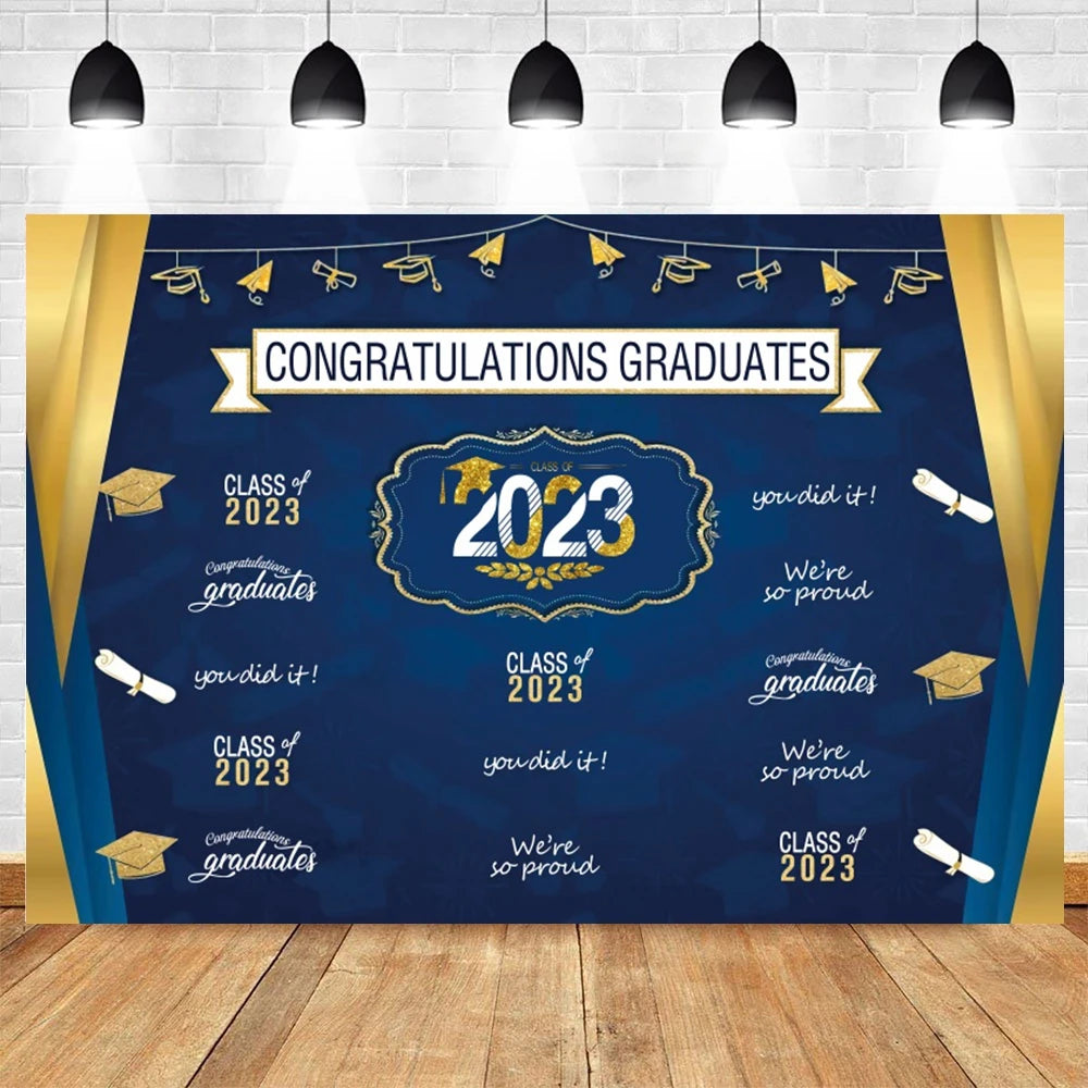 2024 Graduation Backdrop for Photography Gold Glitter Balloon Bachelor Caps Class of 2024 Congrats Grad Party Background Banner