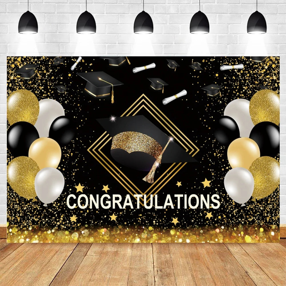 2024 Graduation Backdrop for Photography Gold Glitter Balloon Bachelor Caps Class of 2024 Congrats Grad Party Background Banner