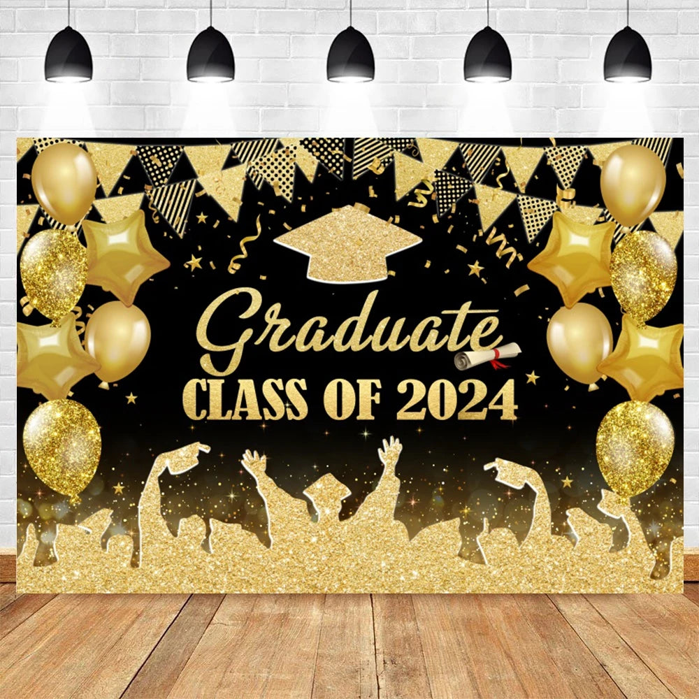 2024 Graduation Backdrop for Photography Gold Glitter Balloon Bachelor Caps Class of 2024 Congrats Grad Party Background Banner