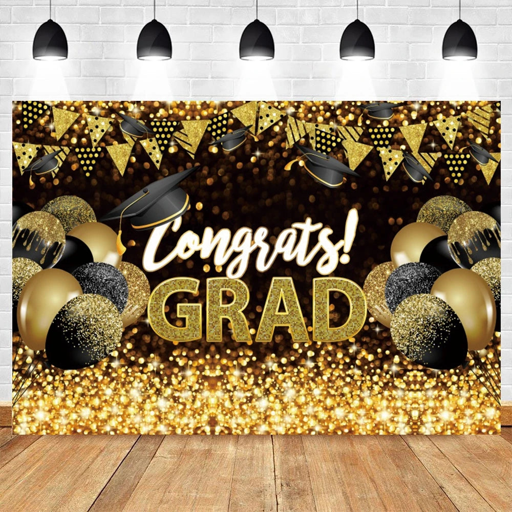 2024 Graduation Backdrop for Photography Gold Glitter Balloon Bachelor Caps Class of 2024 Congrats Grad Party Background Banner