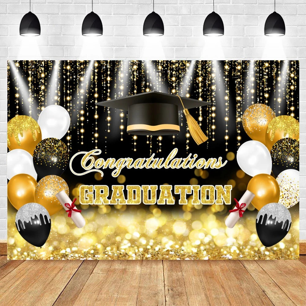 2024 Graduation Backdrop for Photography Gold Glitter Balloon Bachelor Caps Class of 2024 Congrats Grad Party Background Banner