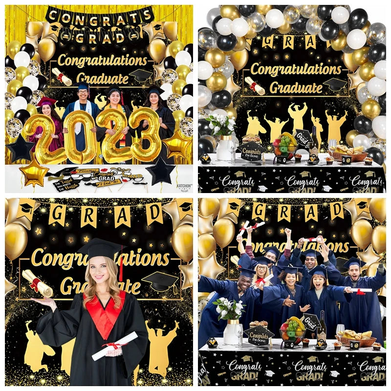 2024 Graduation Backdrop for Photography Gold Glitter Balloon Bachelor Caps Class of 2024 Congrats Grad Party Background Banner