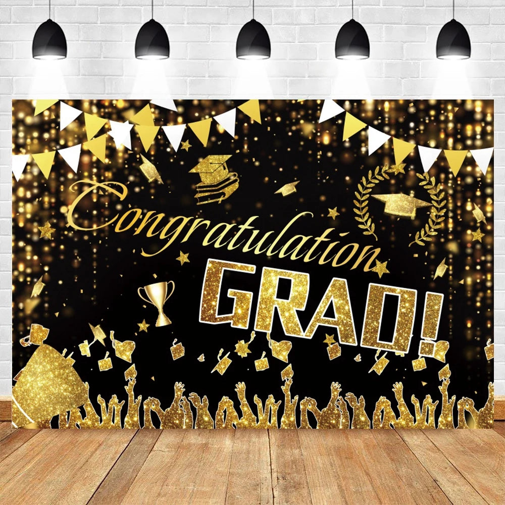 2024 Graduation Backdrop for Photography Gold Glitter Balloon Bachelor Caps Class of 2024 Congrats Grad Party Background Banner