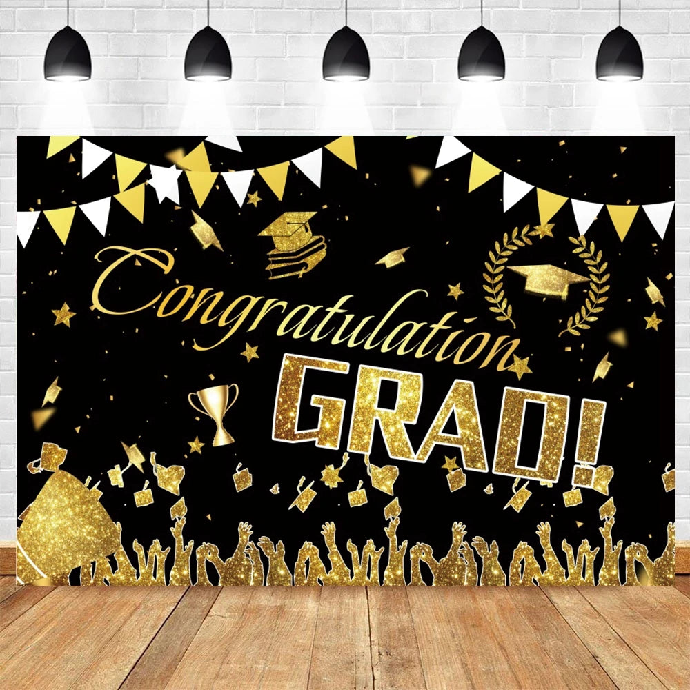 2024 Graduation Backdrop for Photography Gold Glitter Balloon Bachelor Caps Class of 2024 Congrats Grad Party Background Banner