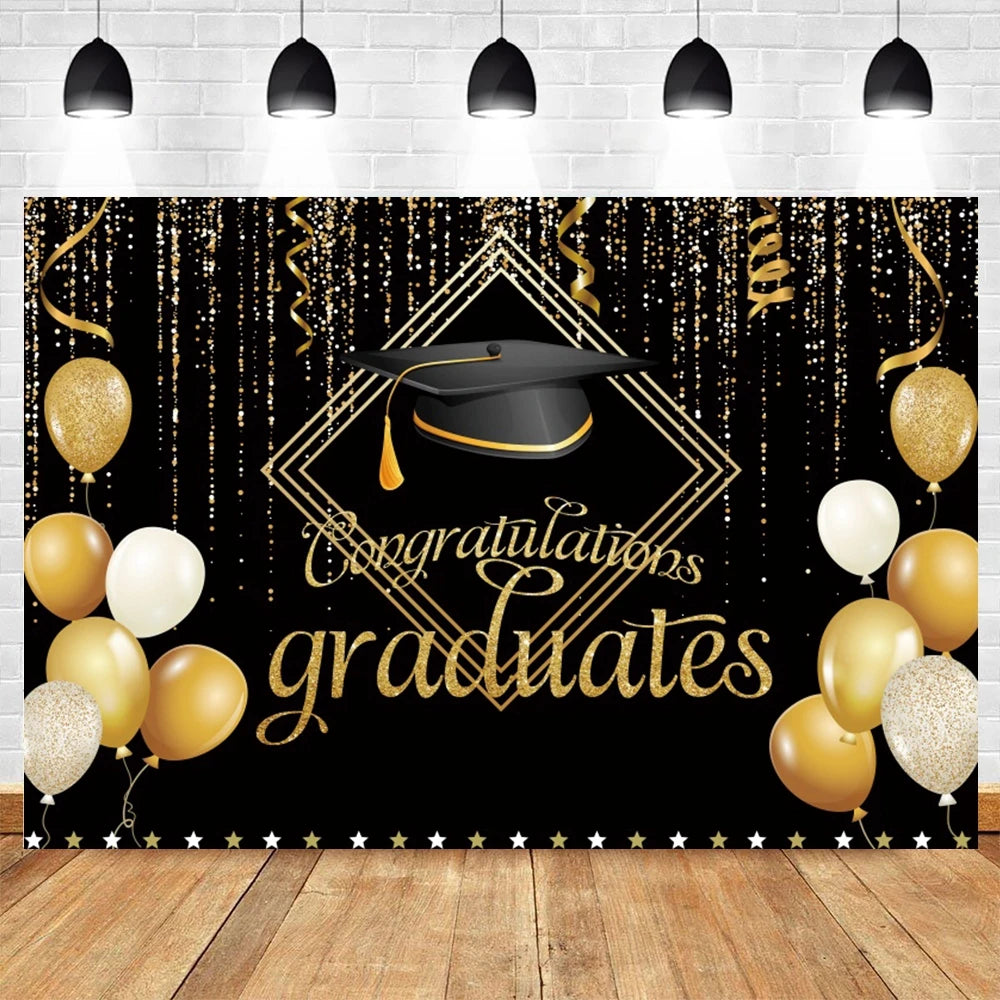 2024 Graduation Backdrop for Photography Gold Glitter Balloon Bachelor Caps Class of 2024 Congrats Grad Party Background Banner