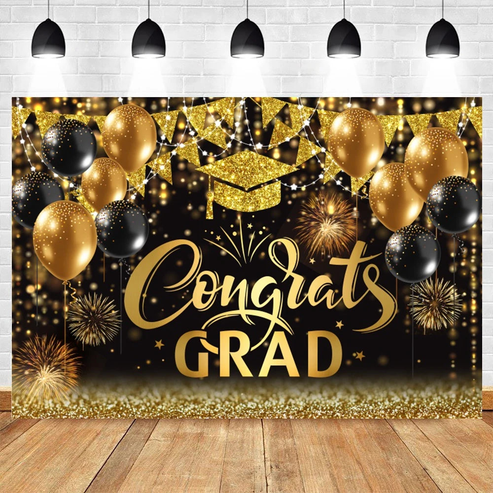 2024 Graduation Backdrop for Photography Gold Glitter Balloon Bachelor Caps Class of 2024 Congrats Grad Party Background Banner