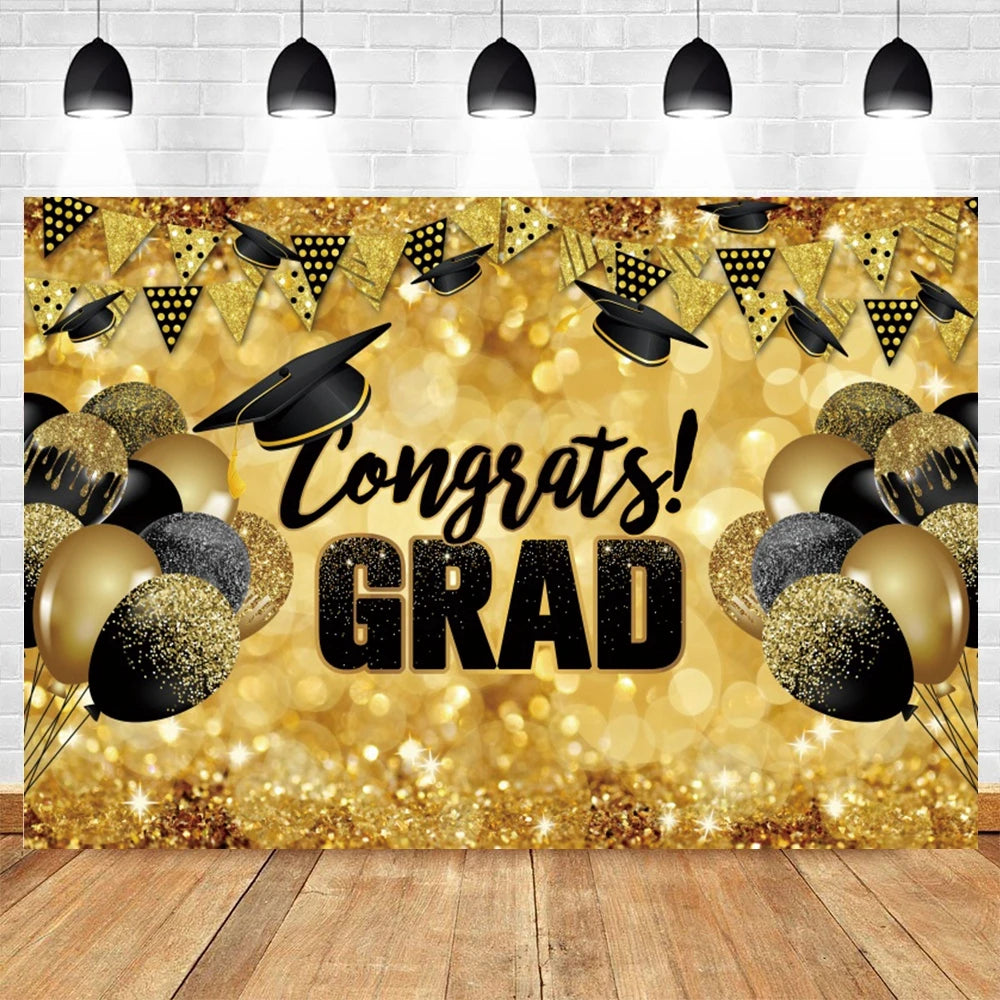 2024 Graduation Backdrop for Photography Gold Glitter Balloon Bachelor Caps Class of 2024 Congrats Grad Party Background Banner