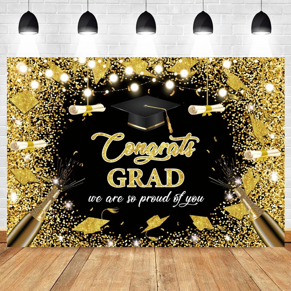 2024 Graduation Backdrop for Photography Gold Glitter Balloon Bachelor Caps Class of 2024 Congrats Grad Party Background Banner