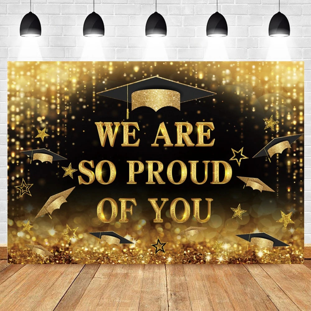 2024 Graduation Backdrop for Photography Gold Glitter Balloon Bachelor Caps Class of 2024 Congrats Grad Party Background Banner