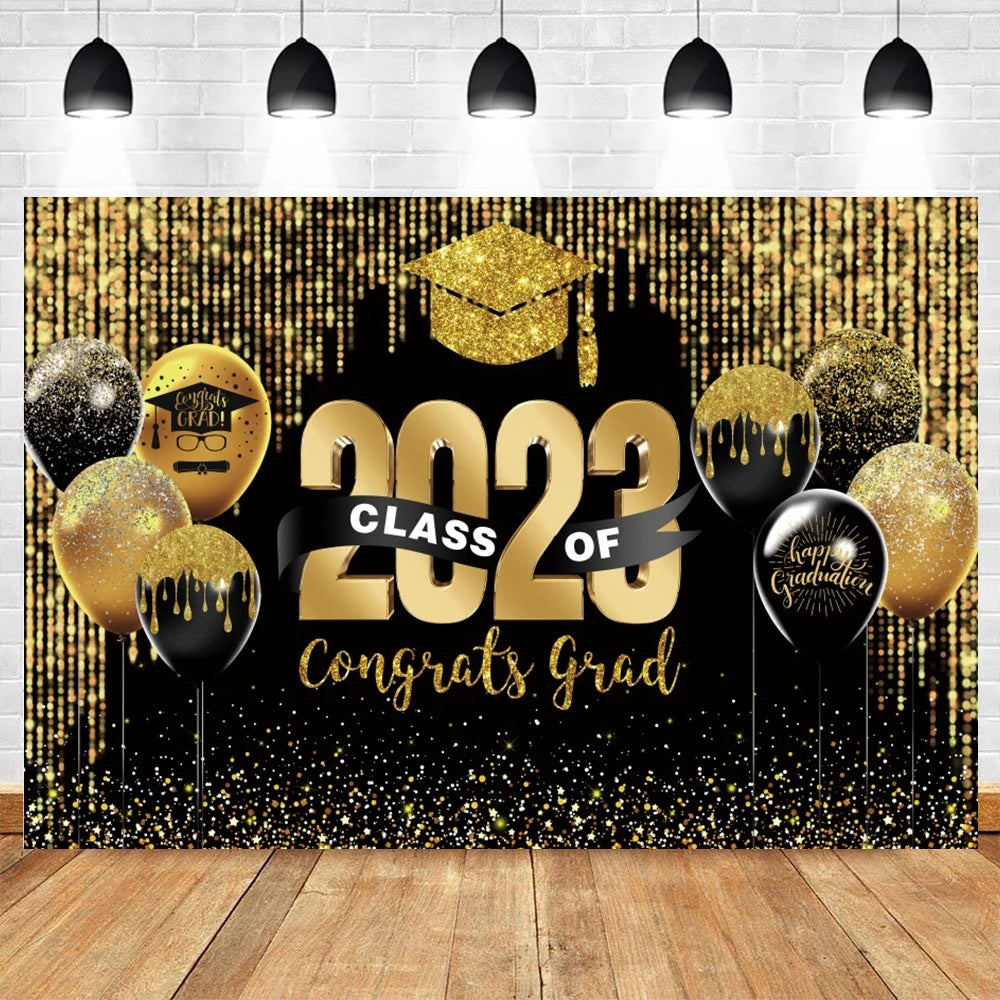 2024 Graduation Backdrop for Photography Gold Glitter Balloon Bachelor Caps Class of 2024 Congrats Grad Party Background Banner