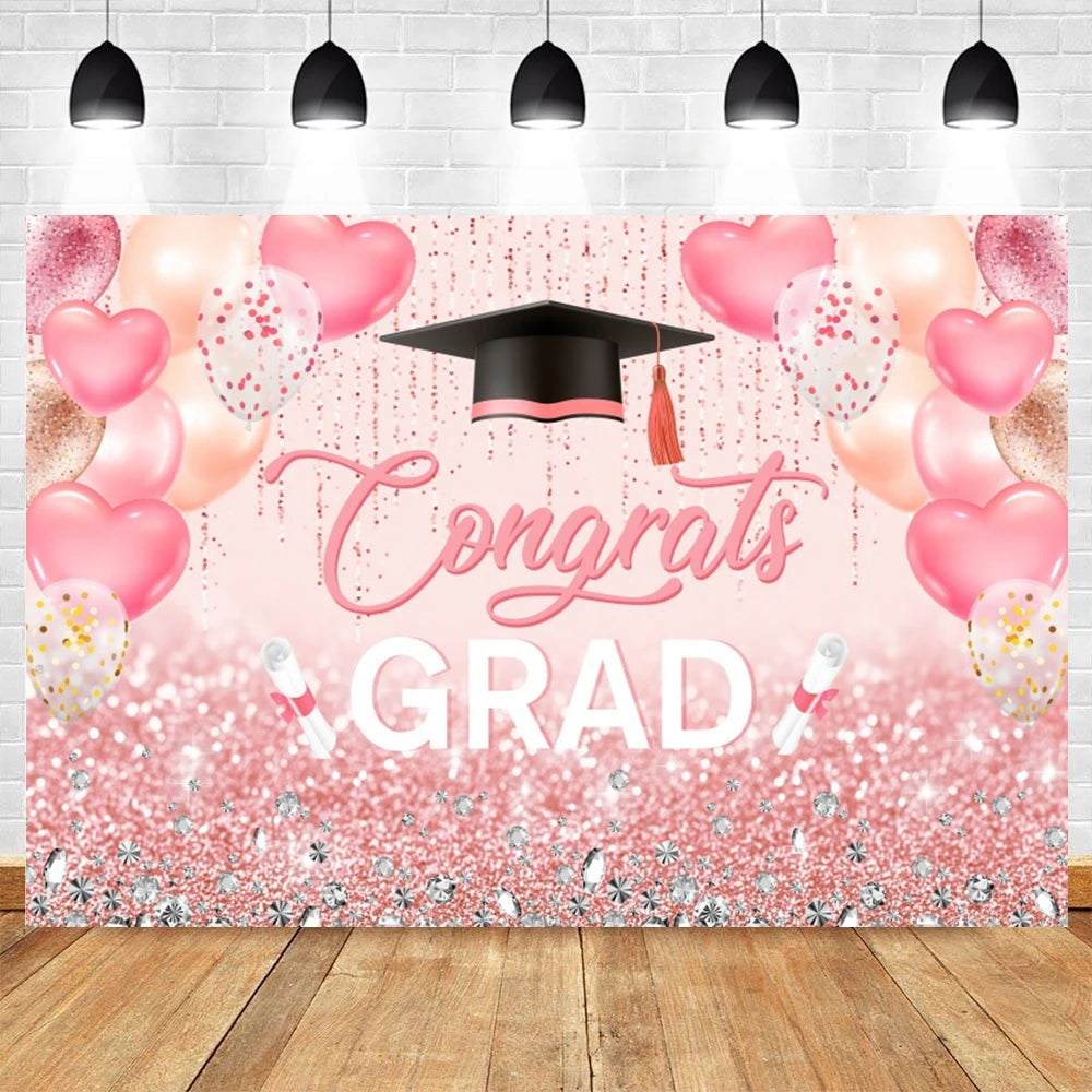 2024 Graduation Party Backdrop Photography Congratulation Graduates Black Gold Glitter Balloons Bachelor Caps Photo Background