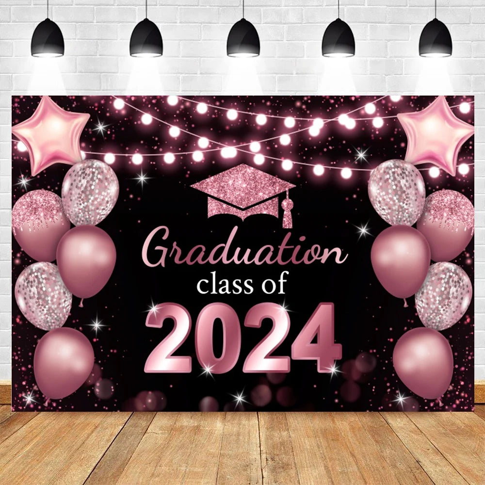 2024 Graduation Party Backdrop Photography Congratulation Graduates Black Gold Glitter Balloons Bachelor Caps Photo Background