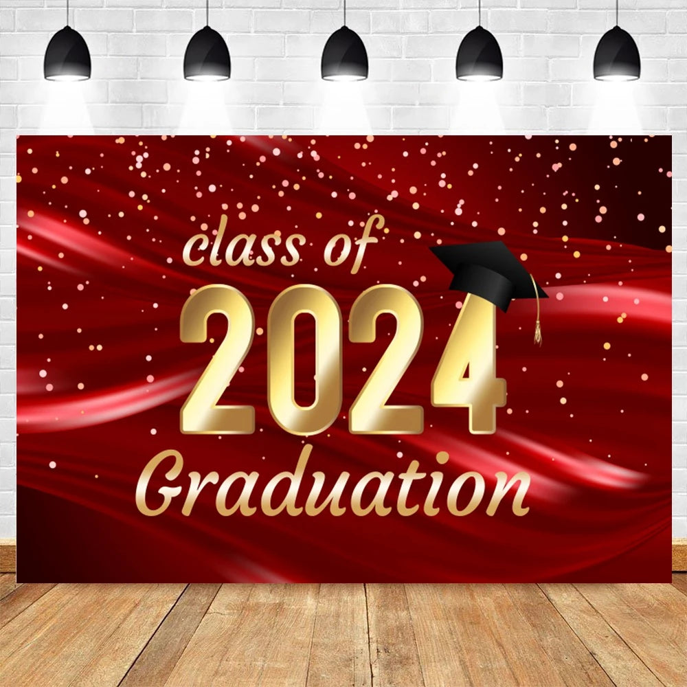 2024 Graduation Party Backdrop Photography Congratulation Graduates Black Gold Glitter Balloons Bachelor Caps Photo Background