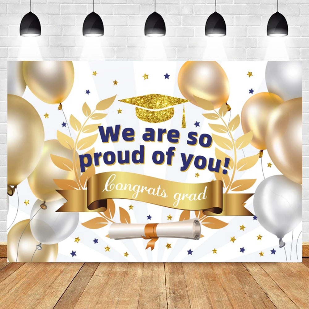 2024 Graduation Party Backdrop Photography Congratulation Graduates Black Gold Glitter Balloons Bachelor Caps Photo Background