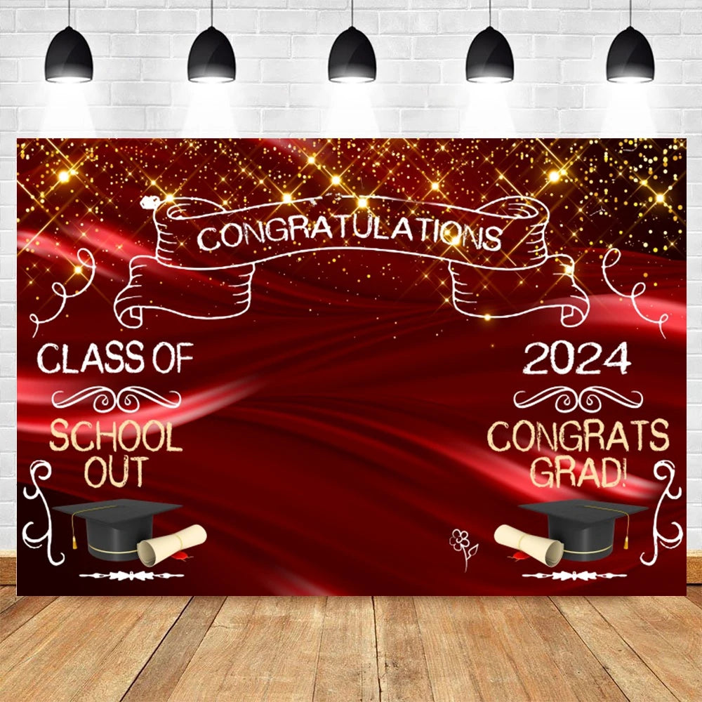 2024 Graduation Party Backdrop Photography Congratulation Graduates Black Gold Glitter Balloons Bachelor Caps Photo Background