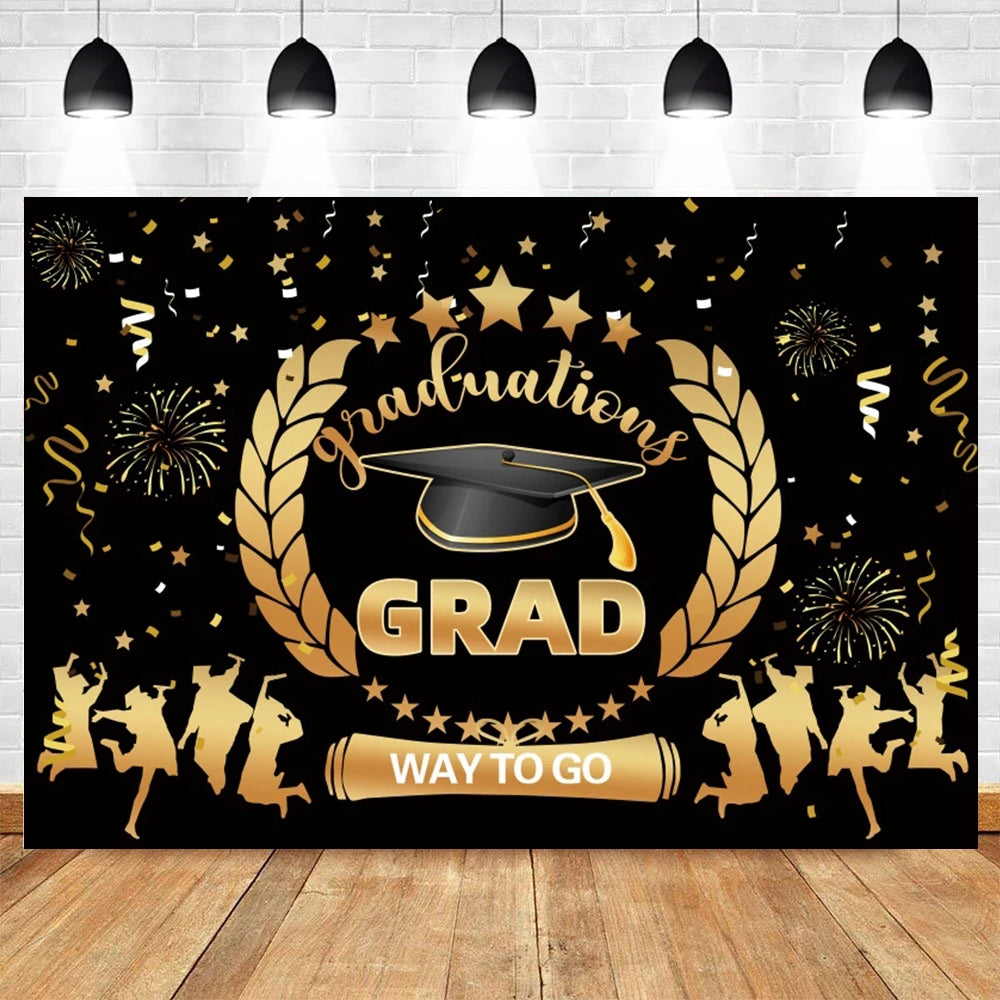 2024 Graduation Party Backdrop Photography Congratulation Graduates Black Gold Glitter Balloons Bachelor Caps Photo Background