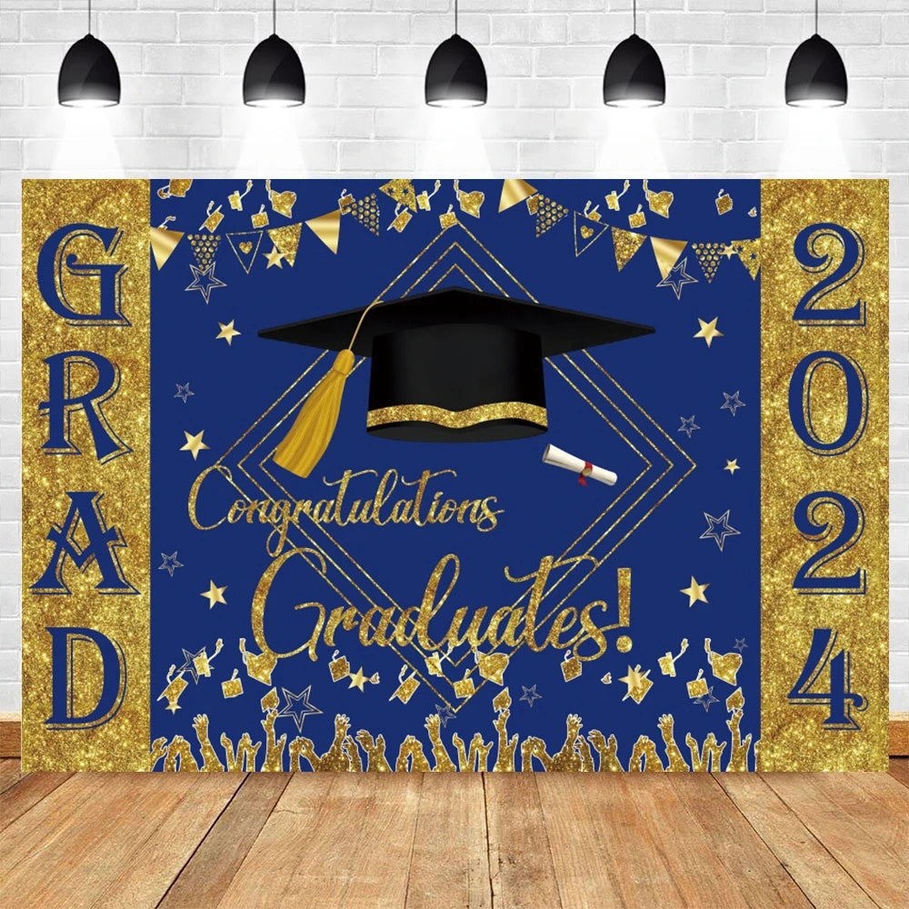 2024 Graduation Party Backdrop Photography Congratulation Graduates Black Gold Glitter Balloons Bachelor Caps Photo Background