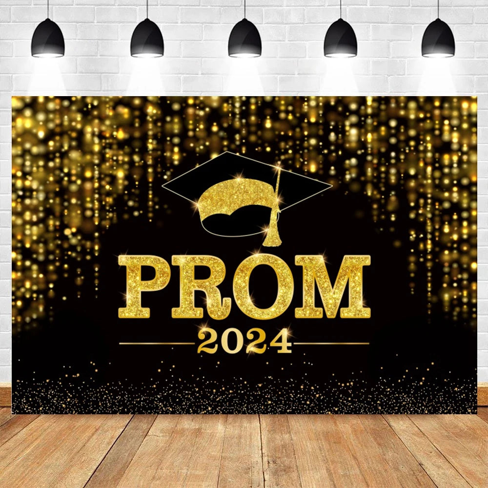 2024 Graduation Party Backdrop Photography Congratulation Graduates Black Gold Glitter Balloons Bachelor Caps Photo Background