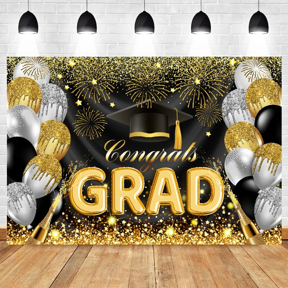 2024 Graduation Party Backdrop Photography Congratulation Graduates Black Gold Glitter Balloons Bachelor Caps Photo Background