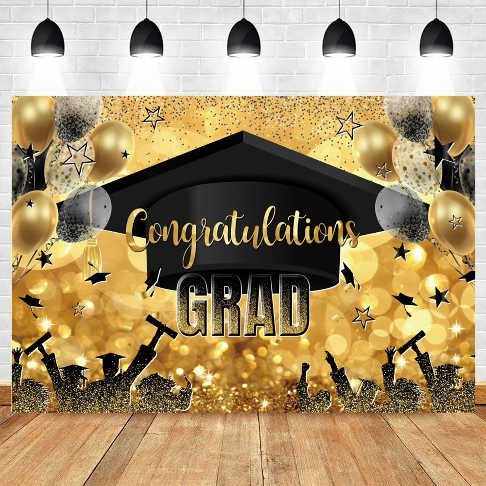 2024 Graduation Party Backdrop Photography Congratulation Graduates Black Gold Glitter Balloons Bachelor Caps Photo Background