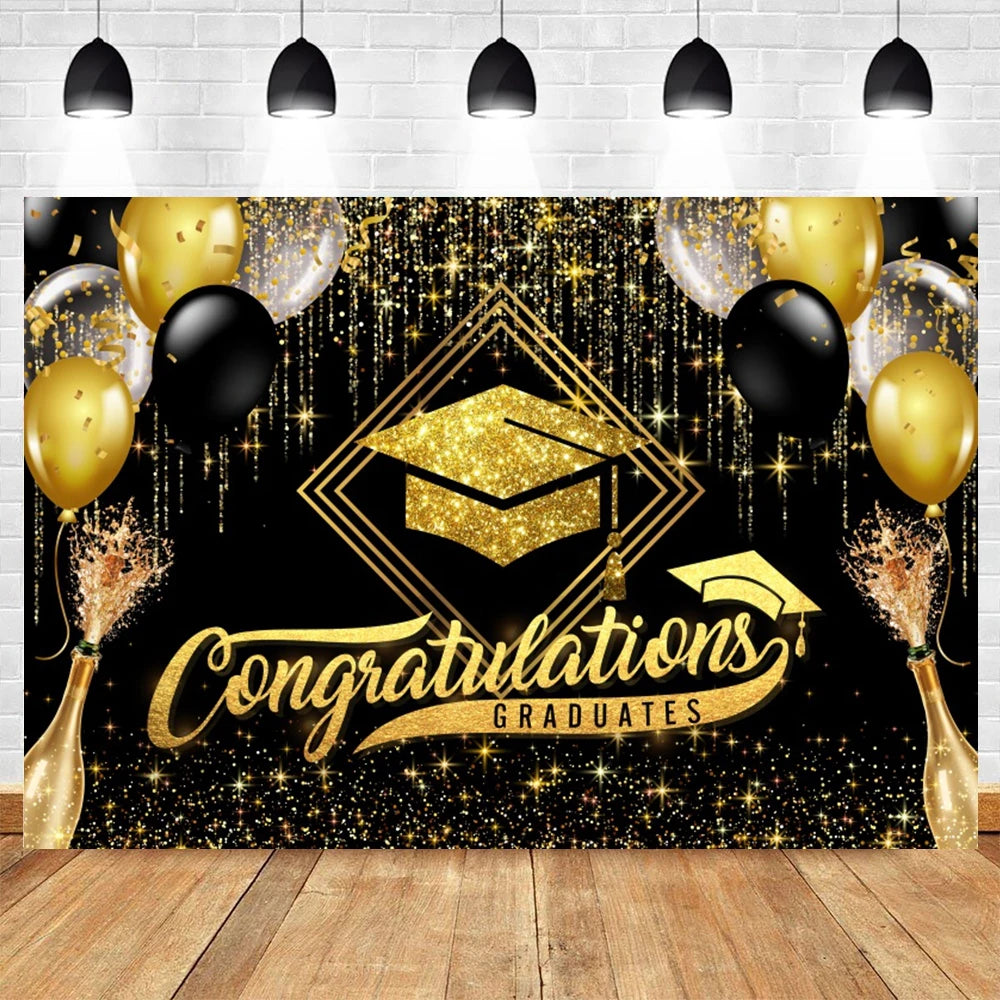 2024 Graduation Party Backdrop Photography Congratulation Graduates Black Gold Glitter Balloons Bachelor Caps Photo Background