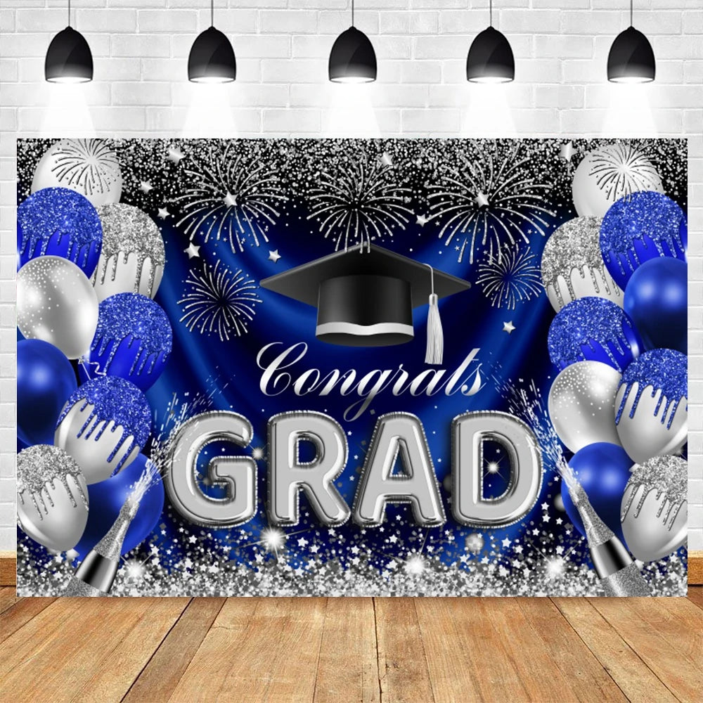 2024 Graduation Party Backdrop Photography Congratulation Graduates Black Gold Glitter Balloons Bachelor Caps Photo Background