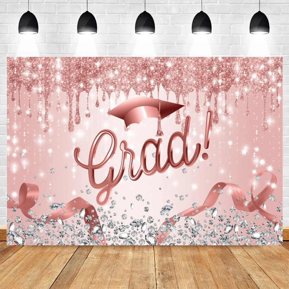 2024 Graduation Party Backdrop Photography Congratulation Graduates Black Gold Glitter Balloons Bachelor Caps Photo Background