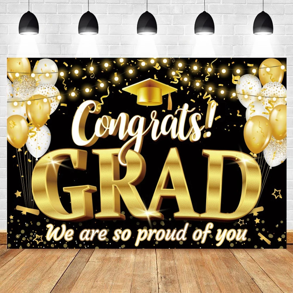 2024 Graduation Party Backdrop Photography Congratulation Graduates Black Gold Glitter Balloons Bachelor Caps Photo Background