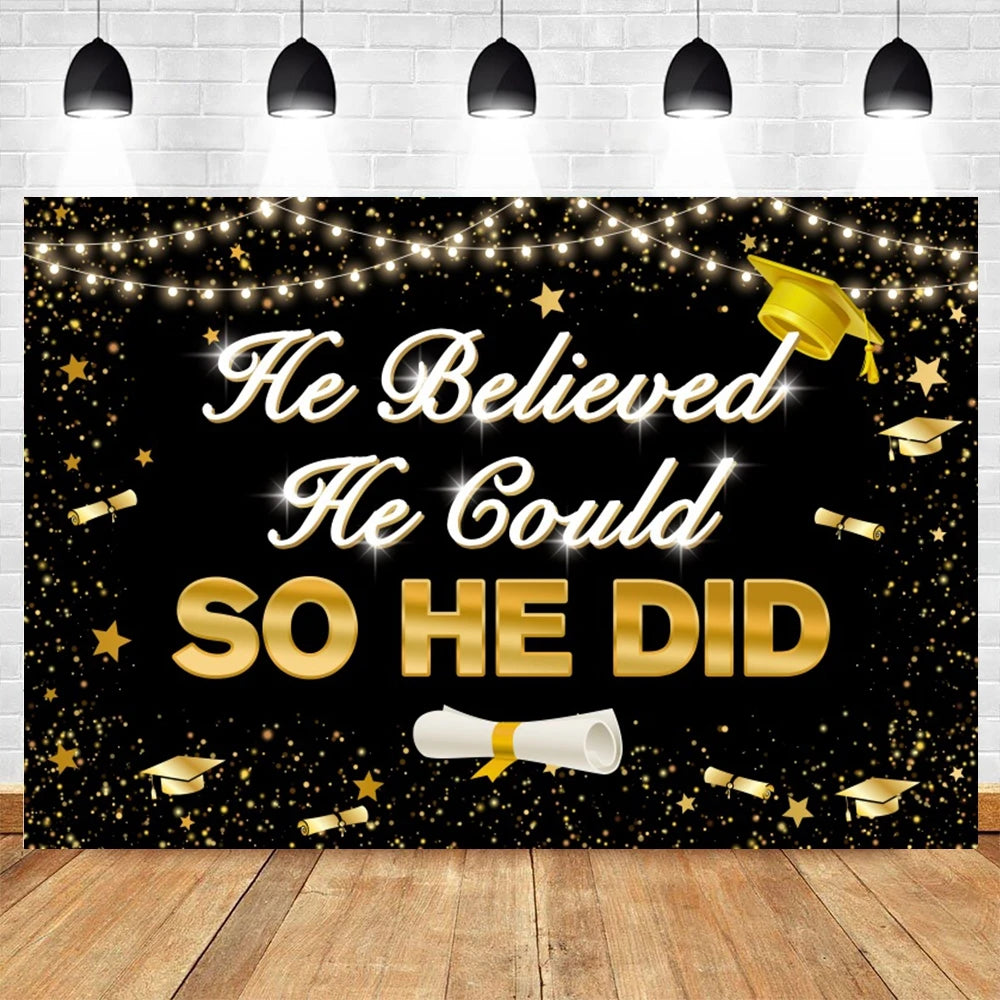 2024 Graduation Party Backdrop Photography Congratulation Graduates Black Gold Glitter Balloons Bachelor Caps Photo Background