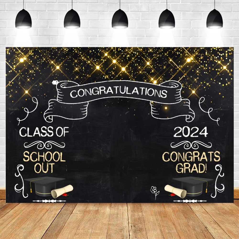 2024 Graduation Party Backdrop Photography Congratulation Graduates Black Gold Glitter Balloons Bachelor Caps Photo Background